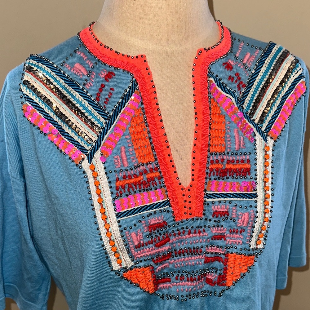 J. Crew Blue Top with Colorful Embroidery & Sequins - Picture 2 of 4